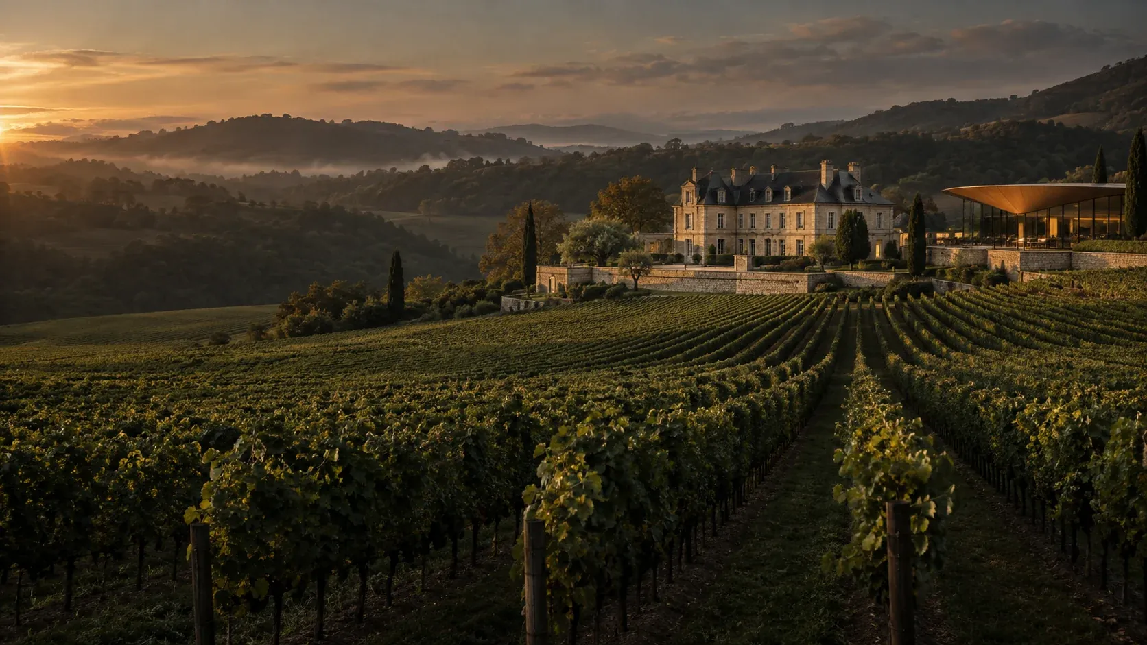 Paysage imaginaire d’un château parmi les vignes, à la lumière du soir