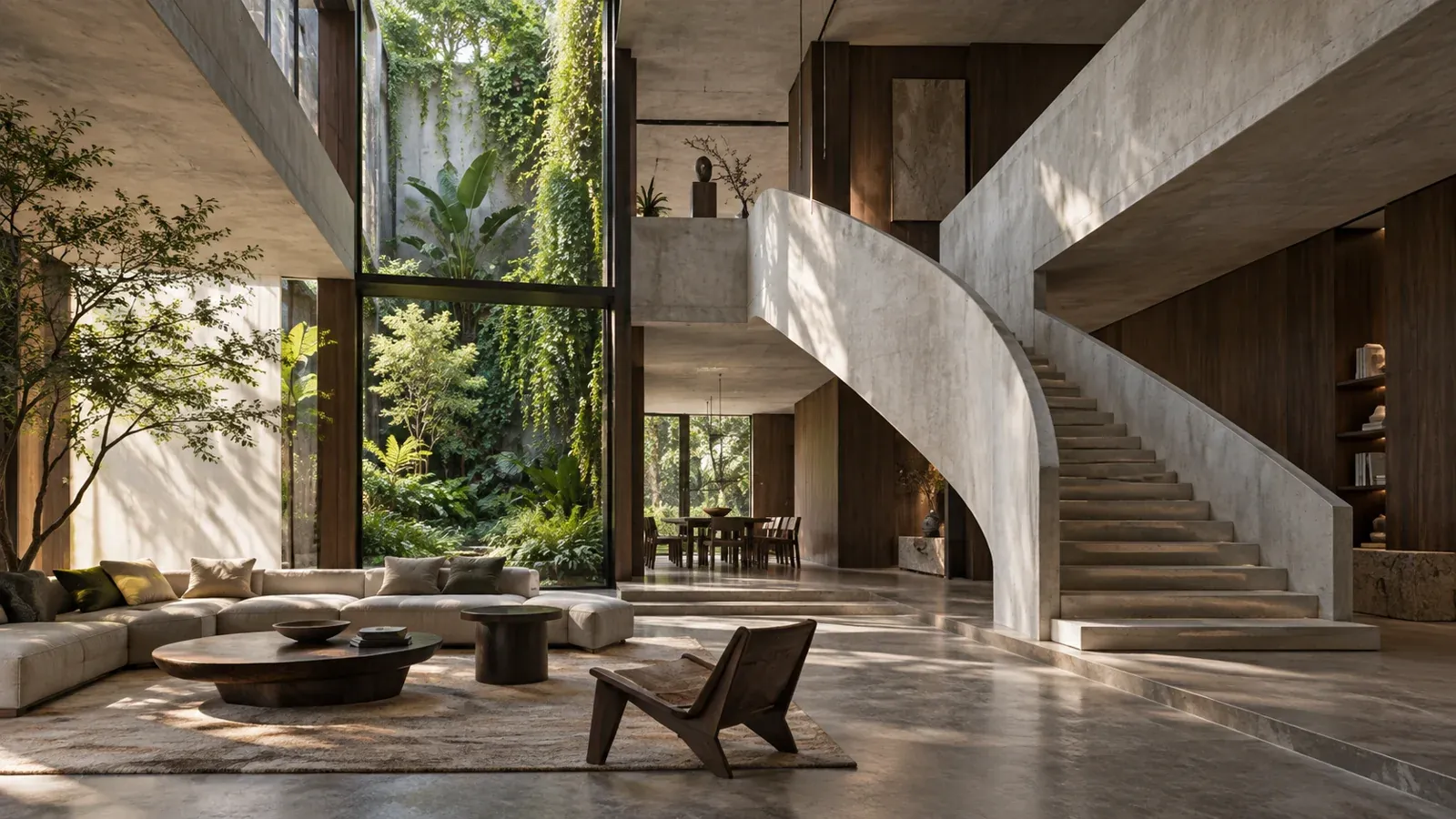 Maison imaginaire : escalier sculptural et salon ouvert sur un jardin