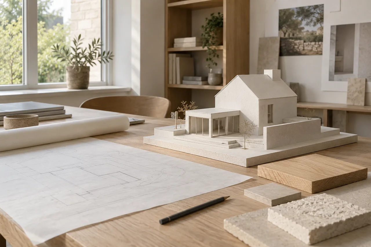 Atelier imaginaire : maquette en carton, calque et échantillons de matières sur une table