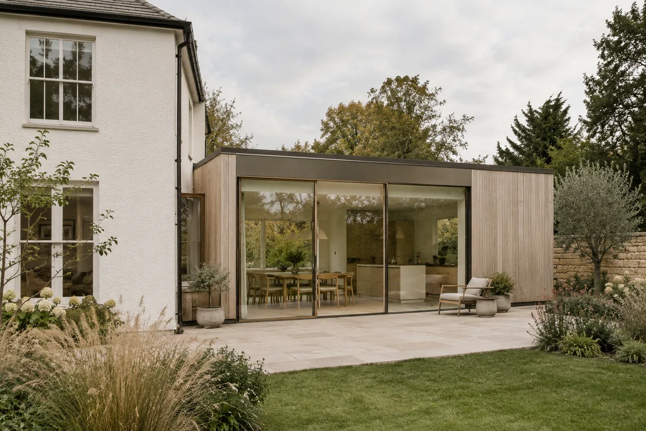 Extension imaginaire : un volume vitré de plain-pied rejoint une maison existante