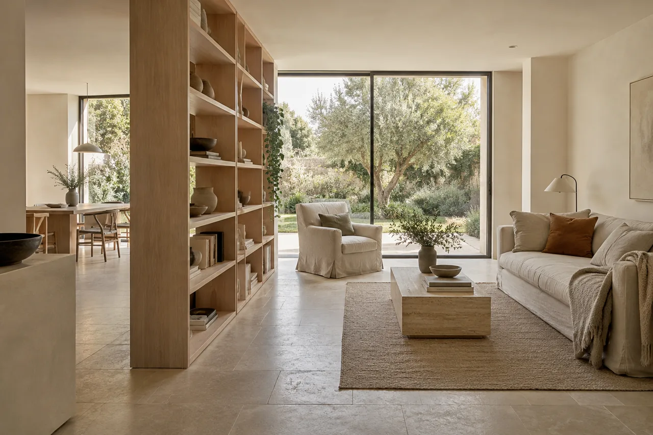 Intérieur imaginaire : un meuble ouvert organise le séjour sans fermer la vue sur le jardin