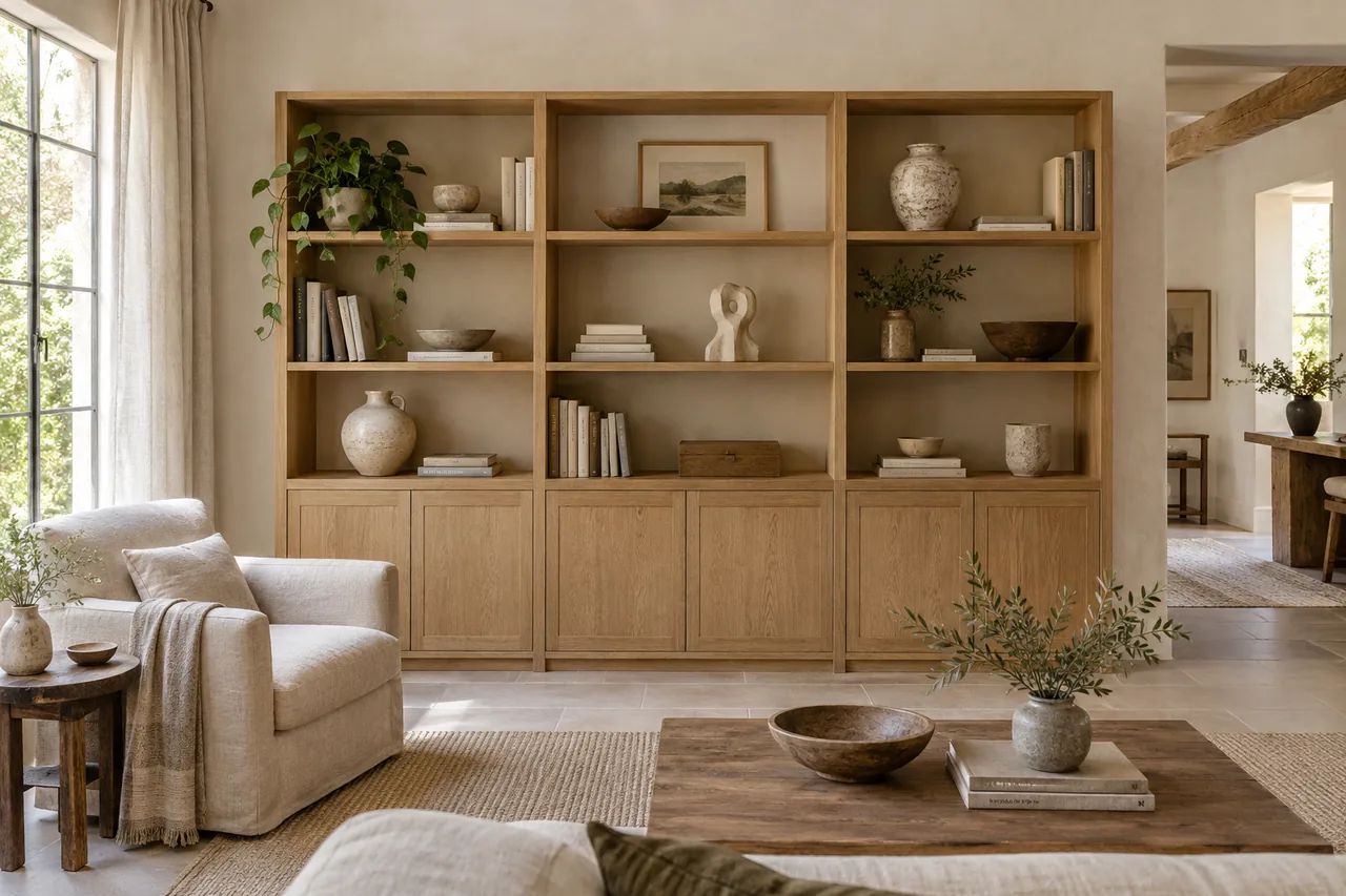Bibliothèque imaginaire en chêne, avec rangements ouverts et portes basses dans un salon