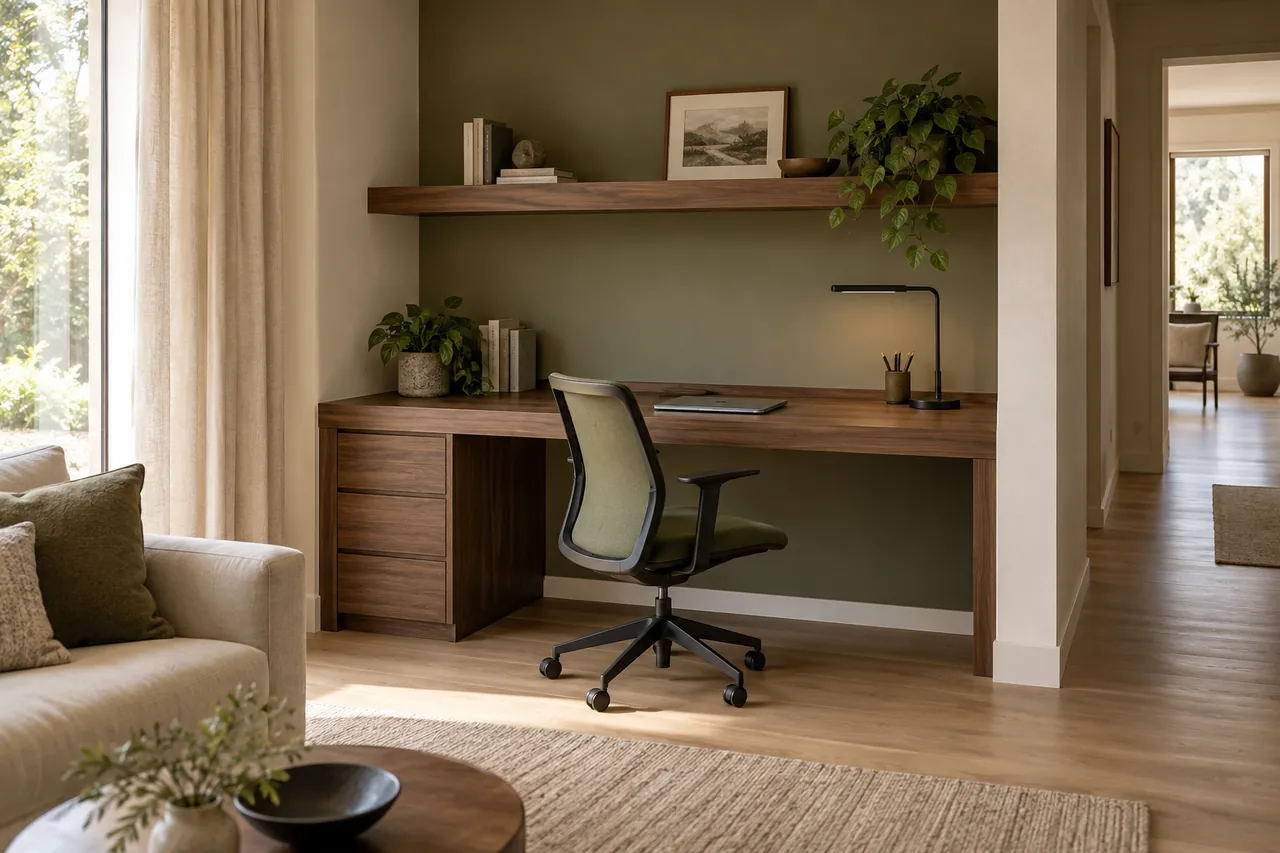 Bureau imaginaire en noyer, avec une assise, une tablette et un passage dégagé