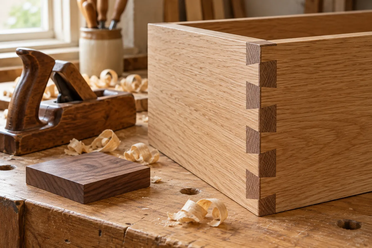 Assemblage en chêne imaginé sur un établi, avec un rabot et un échantillon de noyer
