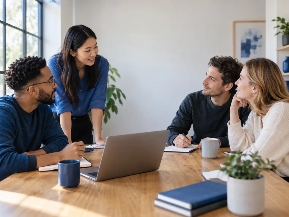 Atelier de formation imaginé : des participants travaillent ensemble autour d’une table