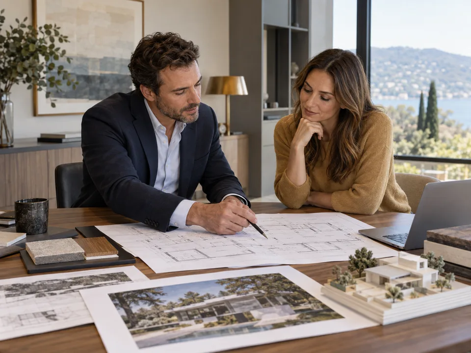 Échange imaginé autour d’un dossier immobilier et de plans