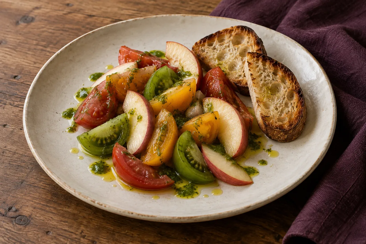 Entrée imaginée : tomates anciennes, pêche blanche, huile de basilic et pain grillé