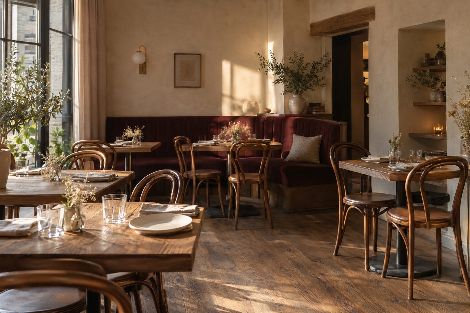 Salle imaginée : tables en bois, banquette prune et lumière douce