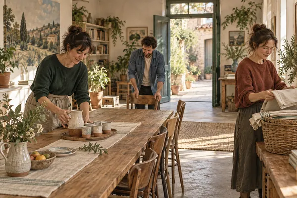 Trois bénévoles imaginés préparent un espace de rencontre.