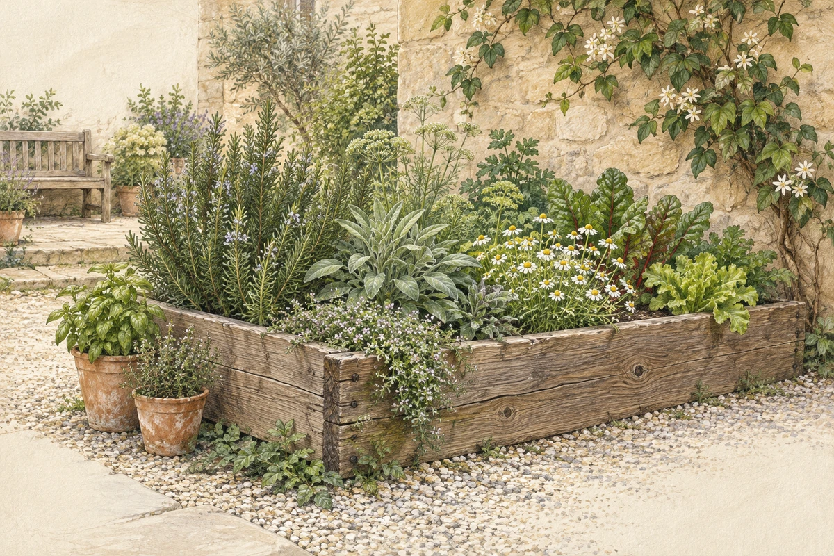 Illustration générée : une cour fictive avec un bac en bois, des herbes, des fleurs et des pots en terre cuite.