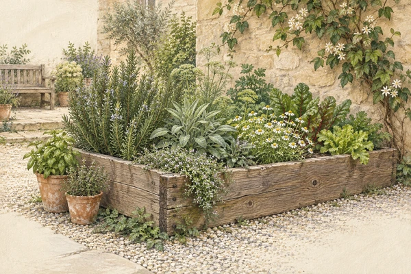 Bacs de culture et plantes aromatiques dans un jardin fictif.