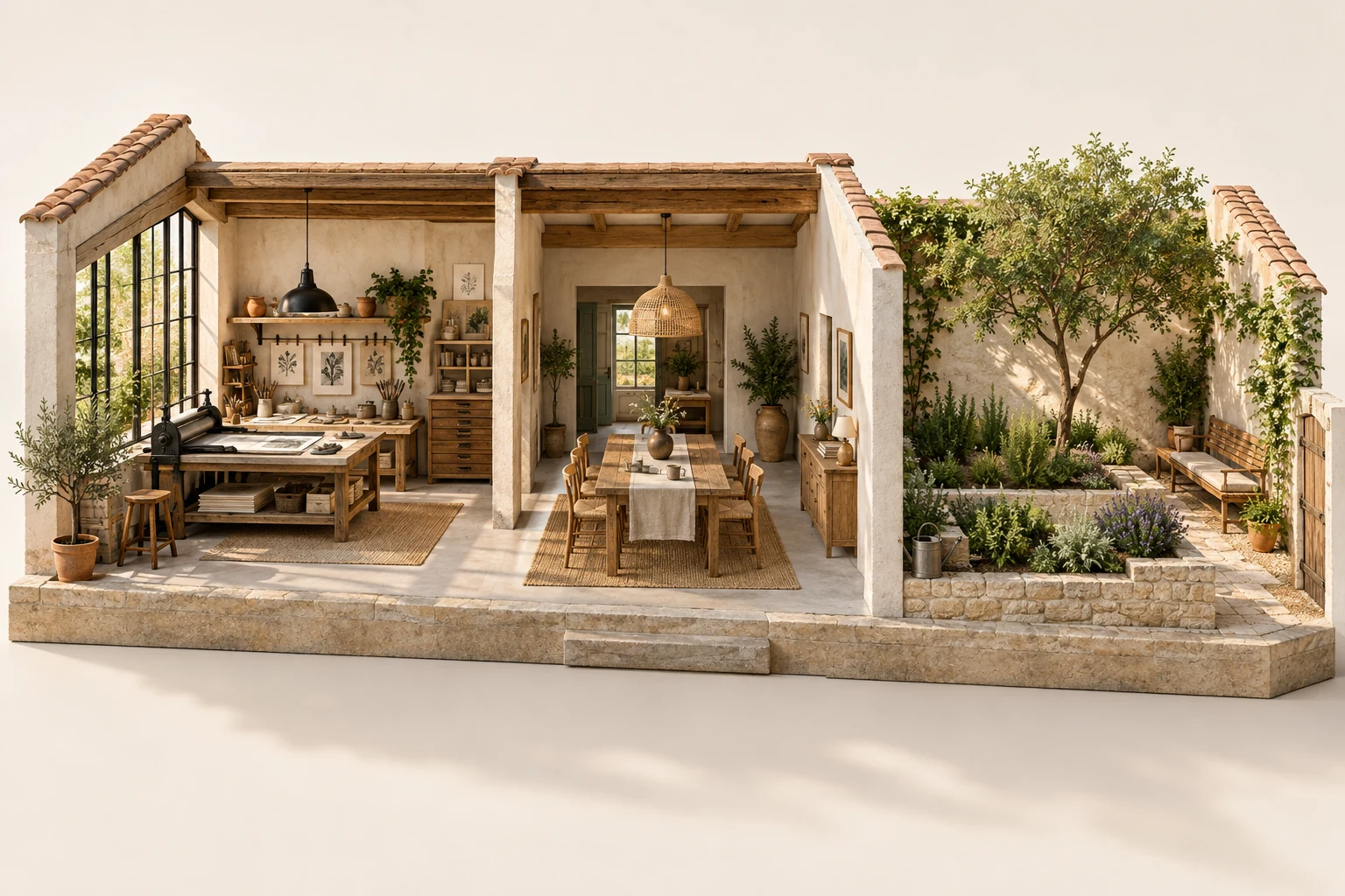 Illustration générée : maison fictive en coupe avec un atelier à gauche, une grande table au centre et un jardin à droite.