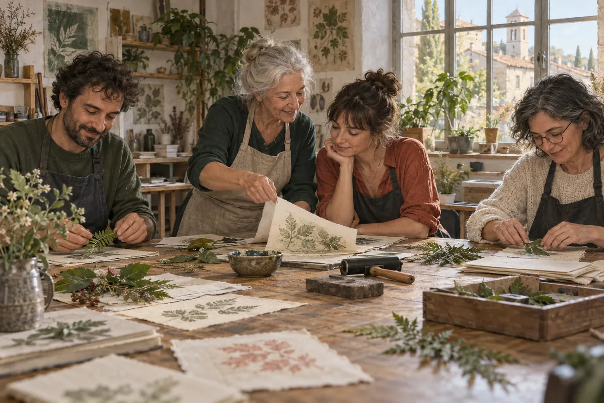 Scène imaginée : quatre adultes de générations différentes découvrent les impressions végétales autour d’une table.