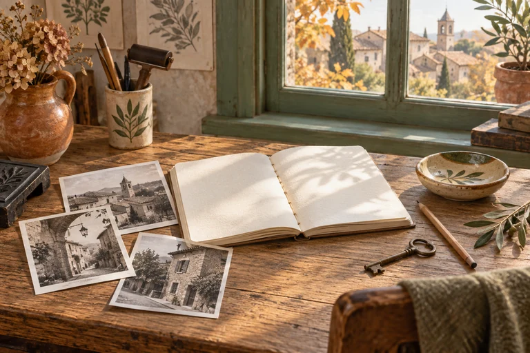 Illustration générée : un carnet ouvert, une clé ancienne et des tirages de rues imaginaires sur un bureau ; documents et scène fictifs.