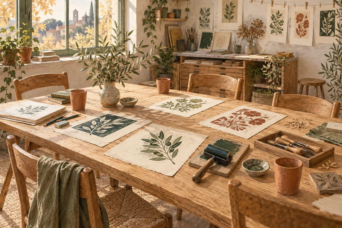 Illustration générée : une grande table en bois préparée pour un atelier fictif, avec des impressions botaniques, un rouleau d’encrage et des tasses en terre cuite.