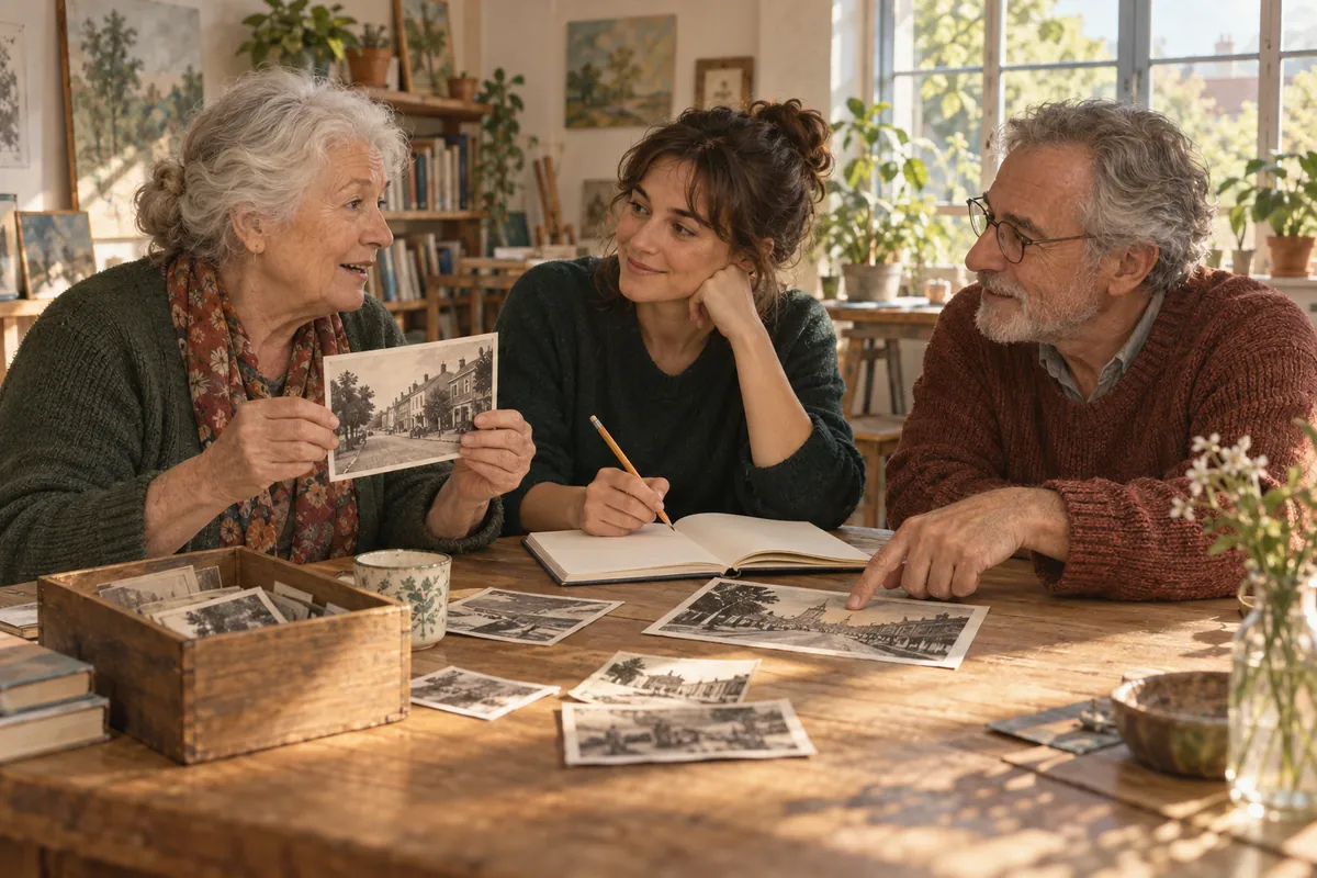 Scène imaginée : trois voisins échangent autour de photographies de quartier fictives pour préparer un journal collectif.