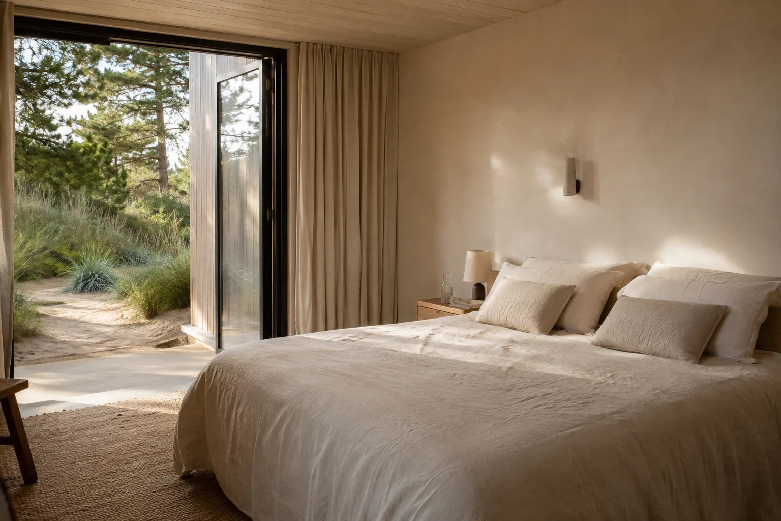 Chambre fictive La Dune : lit en lin ivoire et porte ouverte sur un jardin sablonneux