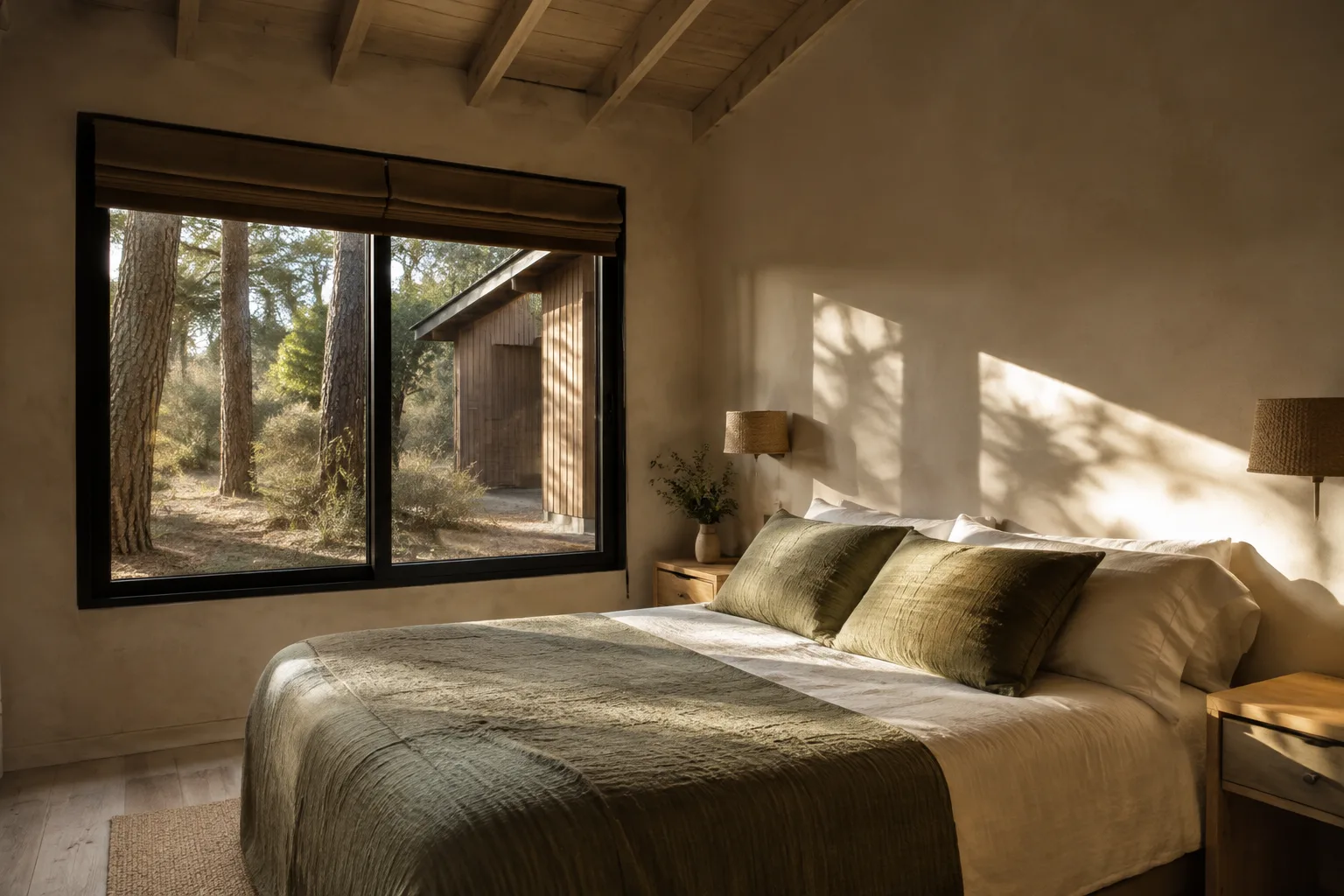 Chambre fictive La Pinède : plafond en bois, linge olive et fenêtre donnant sur les pins