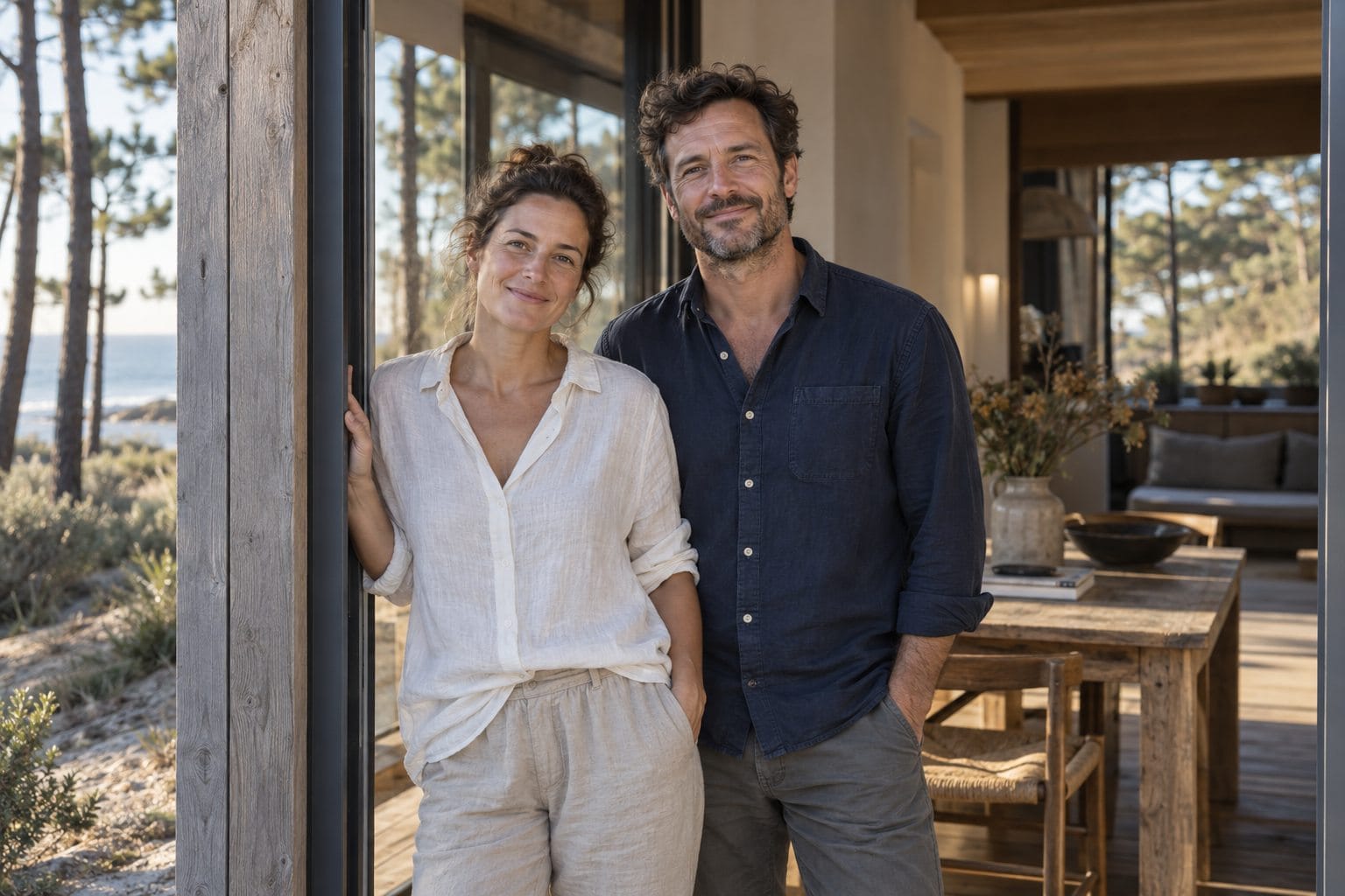 Alice et Noé, hôtes fictifs de Maison Sillage, à la porte de la maison. Portrait créé par IA.