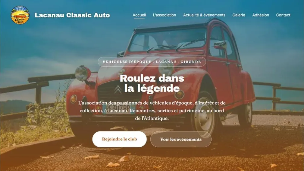 Page d’accueil du site Lacanau Classic Auto : hero photo, titre « Roulez dans la légende » et navigation