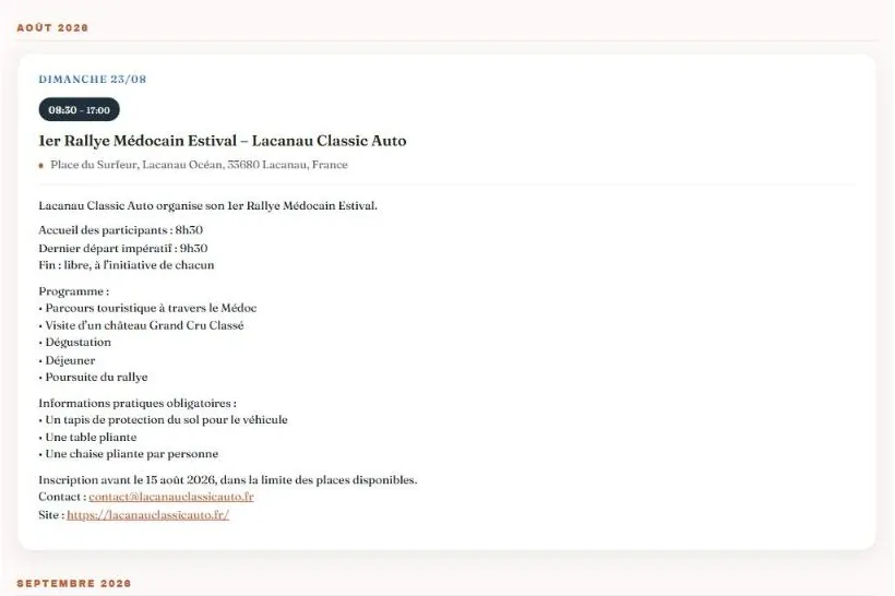 Calendrier des événements du site Lacanau Classic Auto, affichant le mois d’août 2026 et le détail d’un rendez-vous du club
