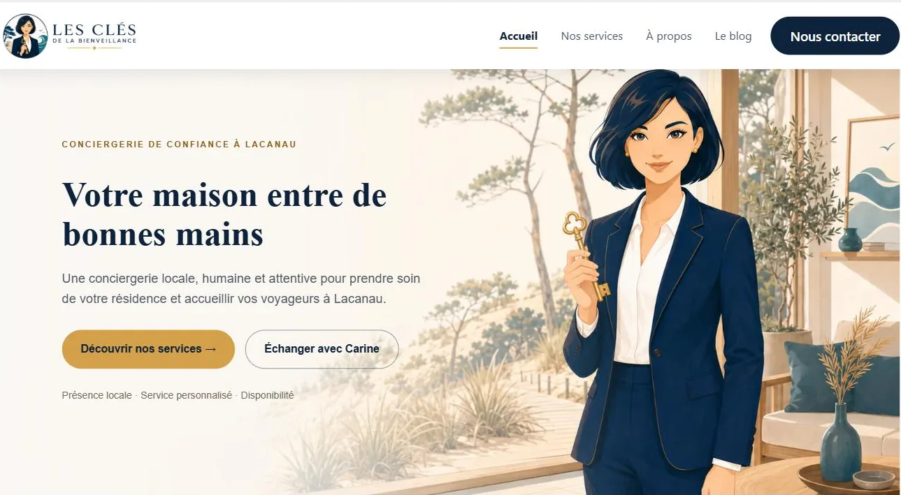 Page d’accueil du site Les Clés de la Bienveillance : hero illustré, titre « Votre maison entre de bonnes mains » et boutons d’action