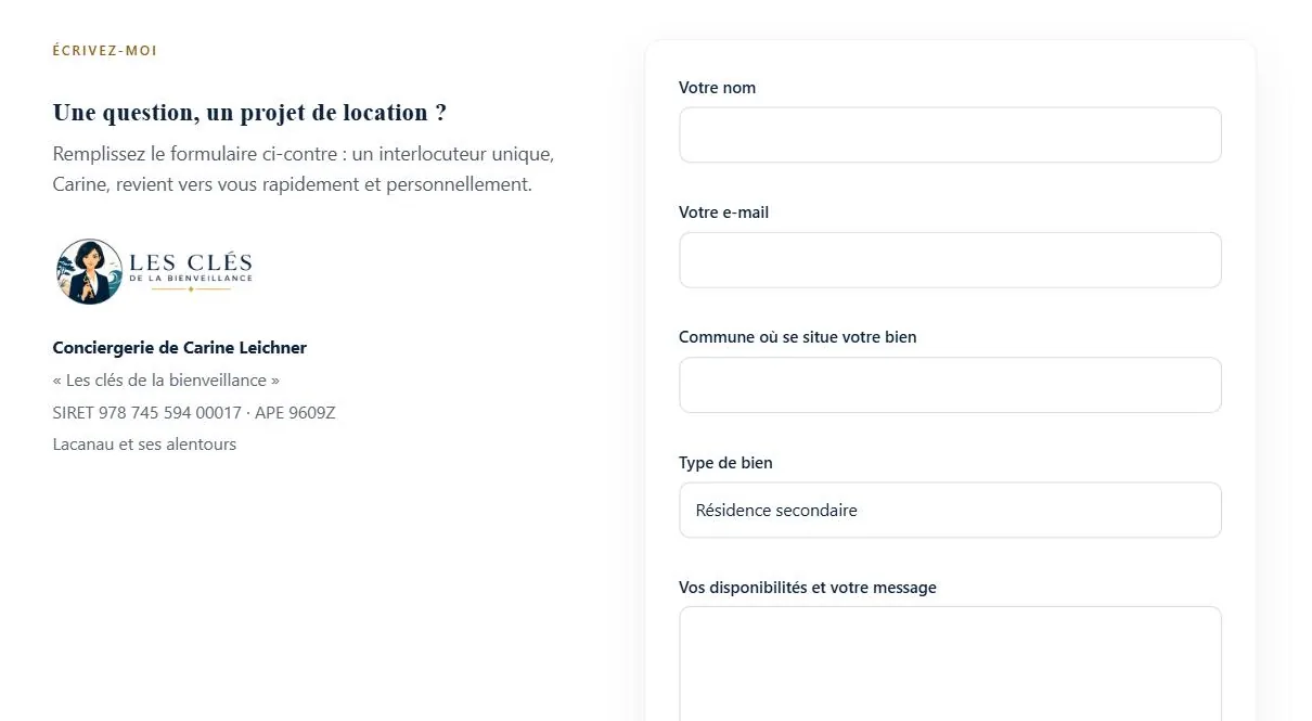 Formulaire de contact du site Les Clés de la Bienveillance, avec les champs commune, type de bien et message