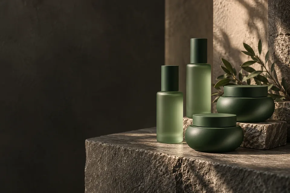 ÉCLORA : flacons et pots de soin verts dans une architecture lumineuse